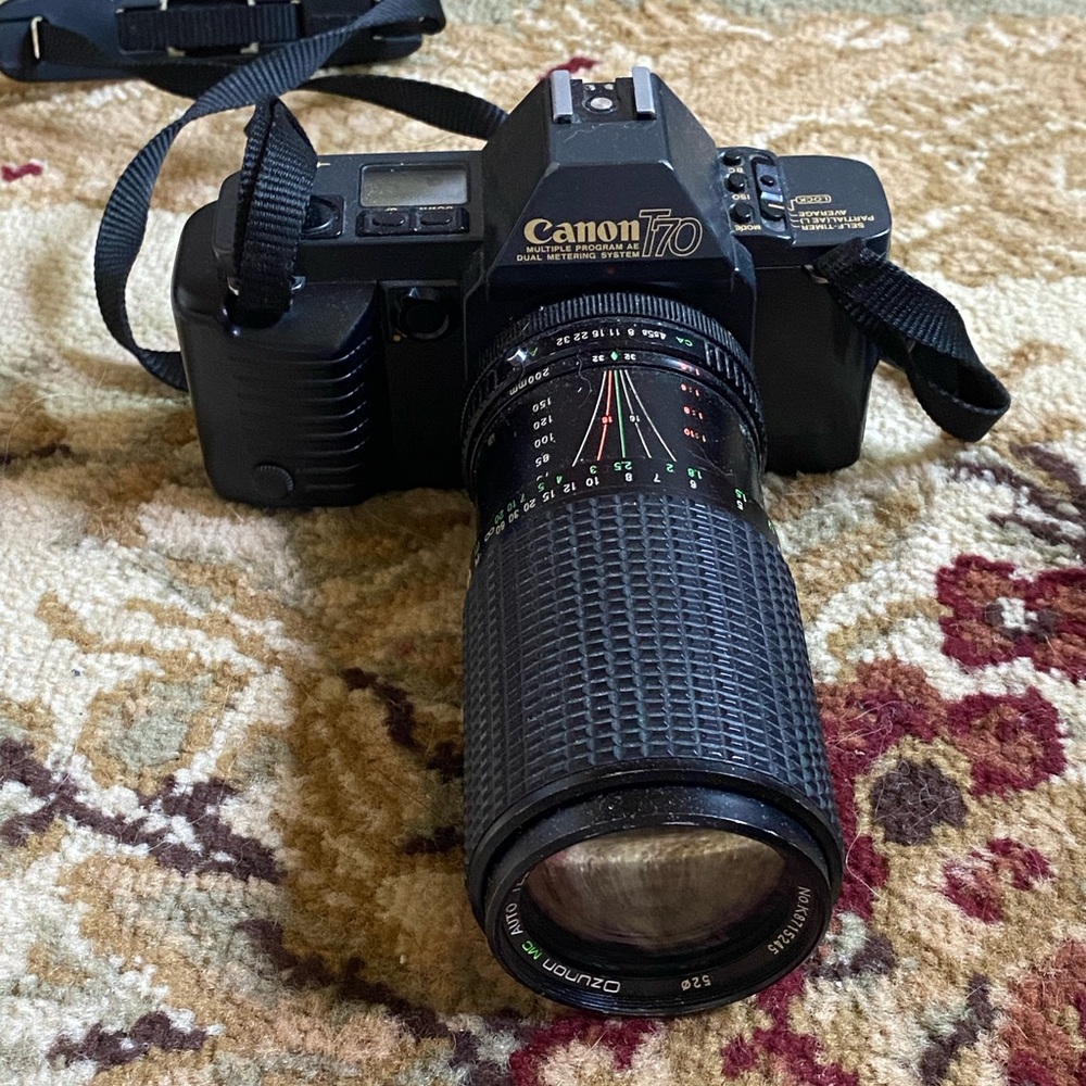 Canon T70 Film Camera with Ozunon 75-200mm Lense